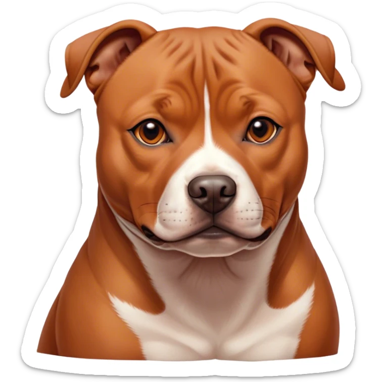 Cinematic Noble Red/Fawn Staffordshire Bull Terrier Portrait Emoji, Poised and regal, with a compact, muscular build and a sleek, well-groomed red/fawn Fur accented by subtle white markings, deep-set soulful dark eyes, Simplified yet sharp and sophisticated features, highly detailed, glowing with a soft, dignified glow, high shine, intelligent and loyal, stylized with an air of strength, focused and attentive, soft glowing outline, capturing the essence of a watchful and confident guardian, so majestic it feels as though it could stride out of the screen with effortless authority! sticker