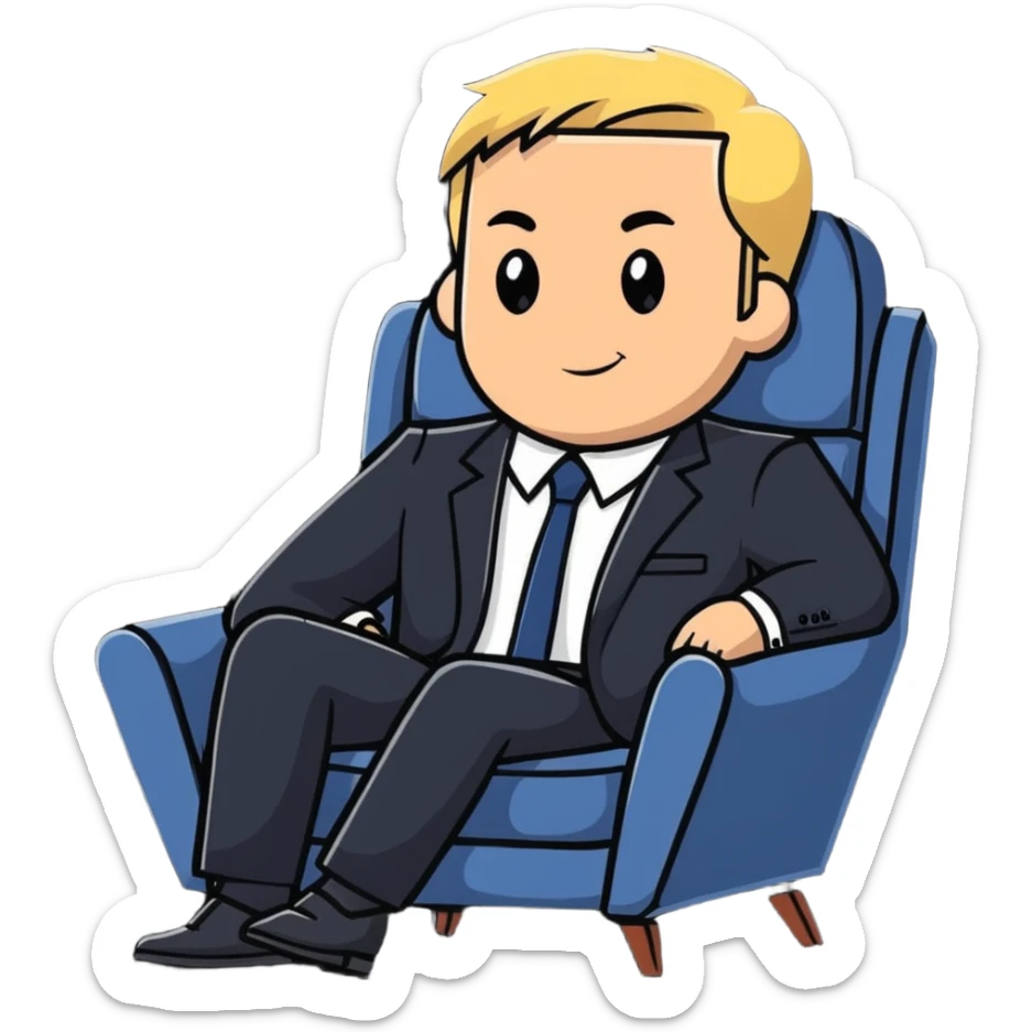 blonde business man in suit relaxing in chair at beach resort, vacation vibes sticker