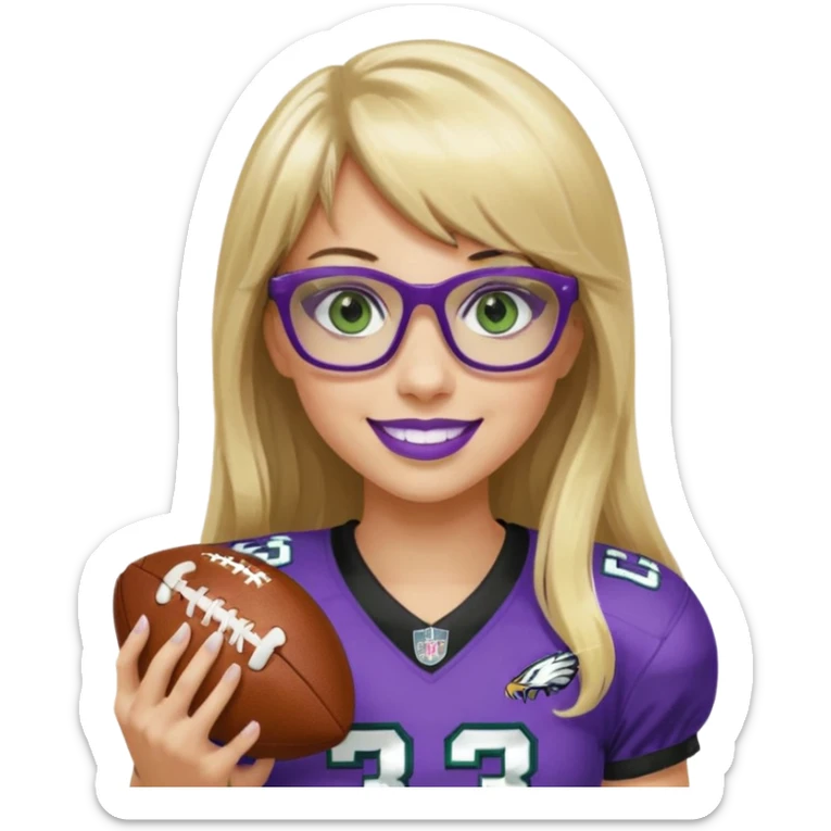 long blonde hair with bangs black rectangle glasses female green eyes football player wearing eagles uniform jersey number 33 holding football smiling purple lipstick sticker