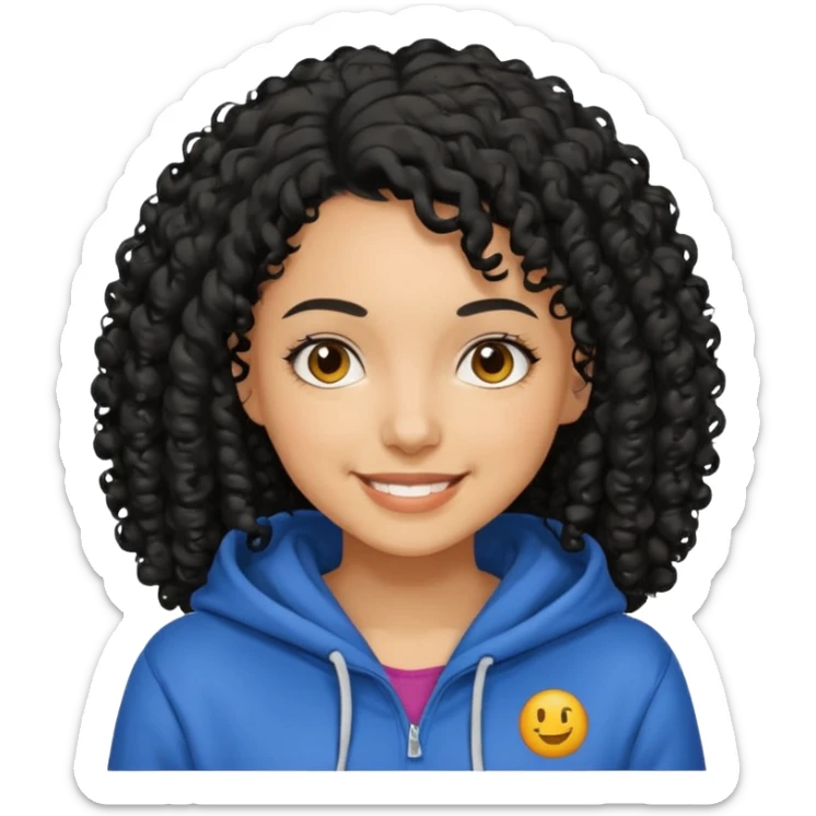 A women with a black curly hair who wear a hoodie and that hoodie have a some smorf sticker