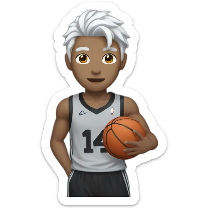 Chinese idol wearing white straps, gray pants and black shirt with white hair, holding a basketball in his right hand sticker