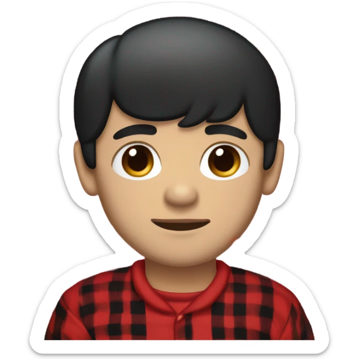 White Man with straight black hair and brown eyes wearing red and black buffalo plaid pjs sticker