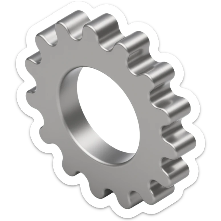 metallic 3D-looking gear icon with reflections and depth in skeuomorphism style sticker