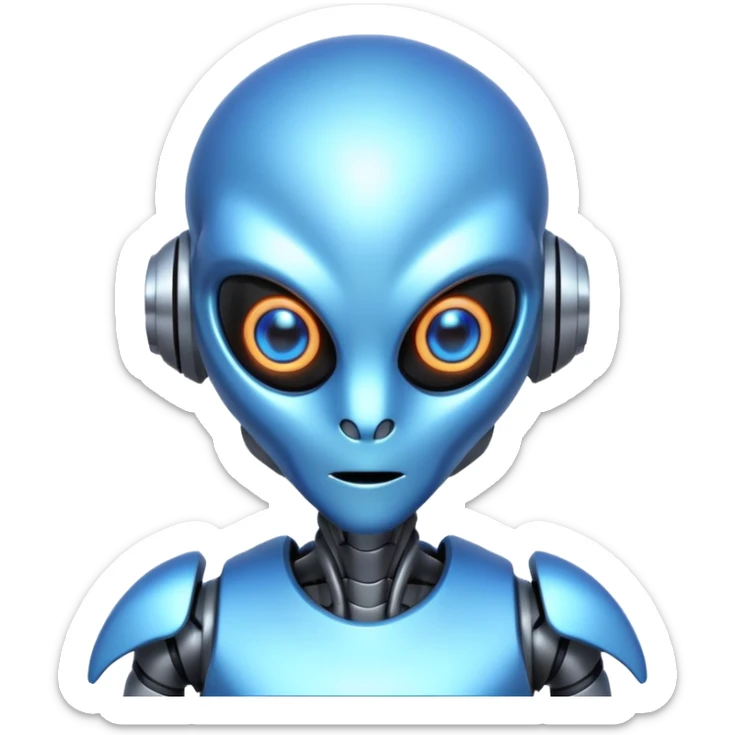 robotic alien character, metal body parts, glowing eyes, futuristic alien design, sci-fi vibe, 3D cartoon, mobile game icon style, clean background, no text, no watermark
 sticker