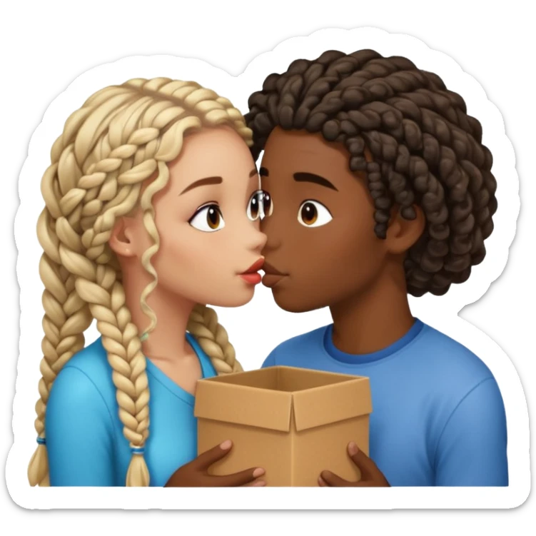 darkskin girl with box braids kissing light skin boy with curly hair sticker