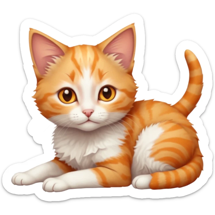 full body of very small + skinny ginger and white kitten with deep orange eyes and triangular shaped face lying down sticker