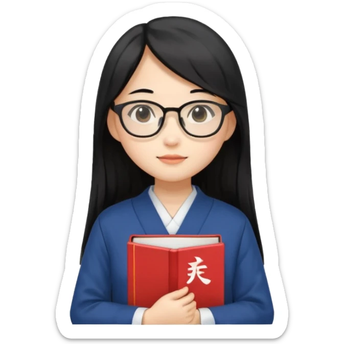 A student, asian girl, long black hair, wearing glasses, japanese uniform, hold book in front of their chest sticker