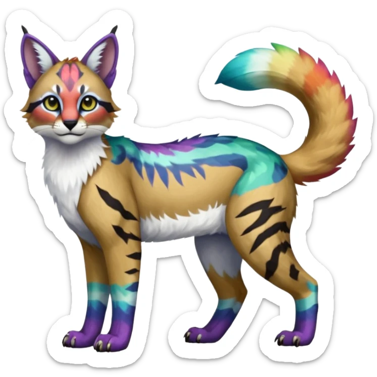 Colorful tropical tribal pale light fruity pastel white glorious iridescent divine exotic cute albino neon vibrant zigzagged cool beautiful fantasy-caracal-civet-genet-sergal-vernid-Gryphon-Cacomistle-Trico-oncilla-animal-Fakémon-hybrid-fursona (full body), facial markings,  sticker