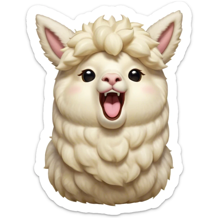 Cinematic Cute Yawning Cream Alpaca Portrait Emoji, Head tilted slightly with a dramatic, wide-open yawn, showcasing a soft, fluffy cream fleece with subtly drooping ears, round gentle eyes barely open in drowsy contentment, Simplified yet irresistibly adorable features, highly detailed, glowing with a soft, cozy glow, high shine, relaxed yet expressive, stylized with a touch of whimsy, bright and endearing, soft glowing outline, capturing the essence of a sleepy yet affectionate alpaca, so drowsy it feels like it could stretch out of the screen and curl up for a nap! sticker