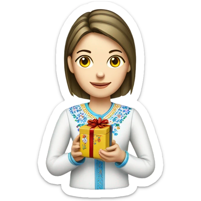 A female teacher in Ukrainian embroidery holds a gift in her hand sticker