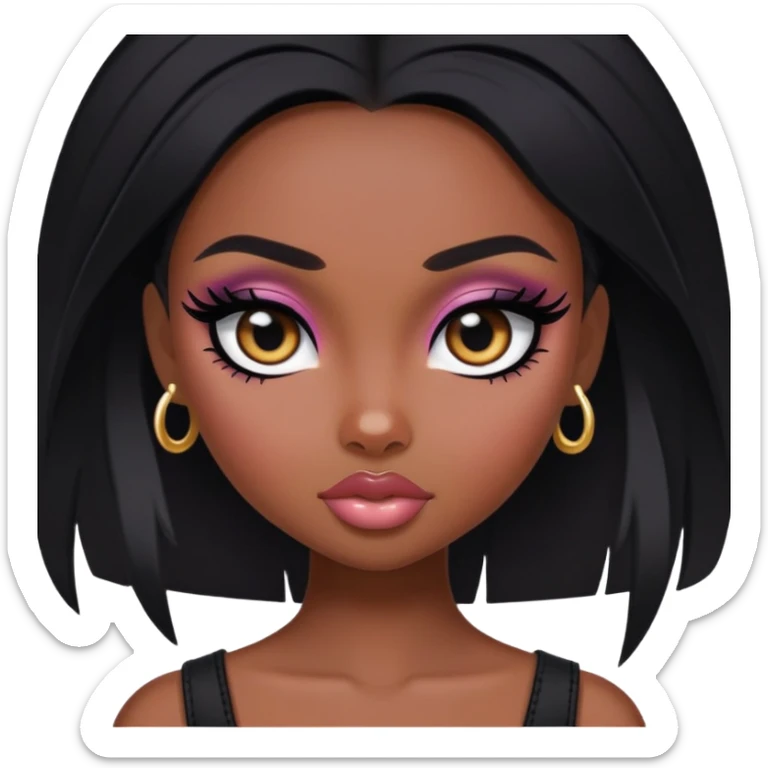 pretty bratz baddie, black eyeliner, dark skin, black hair, black  eyes sticker