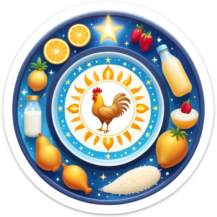 Magical daily fitness nutrition schedule with ethereal water bottle, celestial sun, enchanted chicken and rice plate, mystical gym equipment, glowing yogurt, sparkling fruits, and dreamy sleep symbol, all arranged in a cosmic circle with starry aura sticker