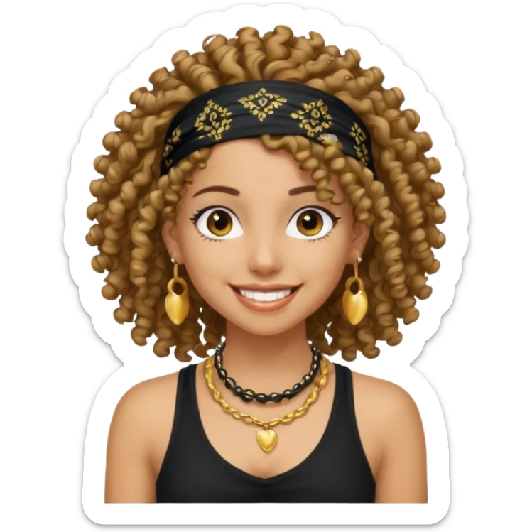 Baddie girl with black  tank top curly hairss and bandana and jwellery sticker