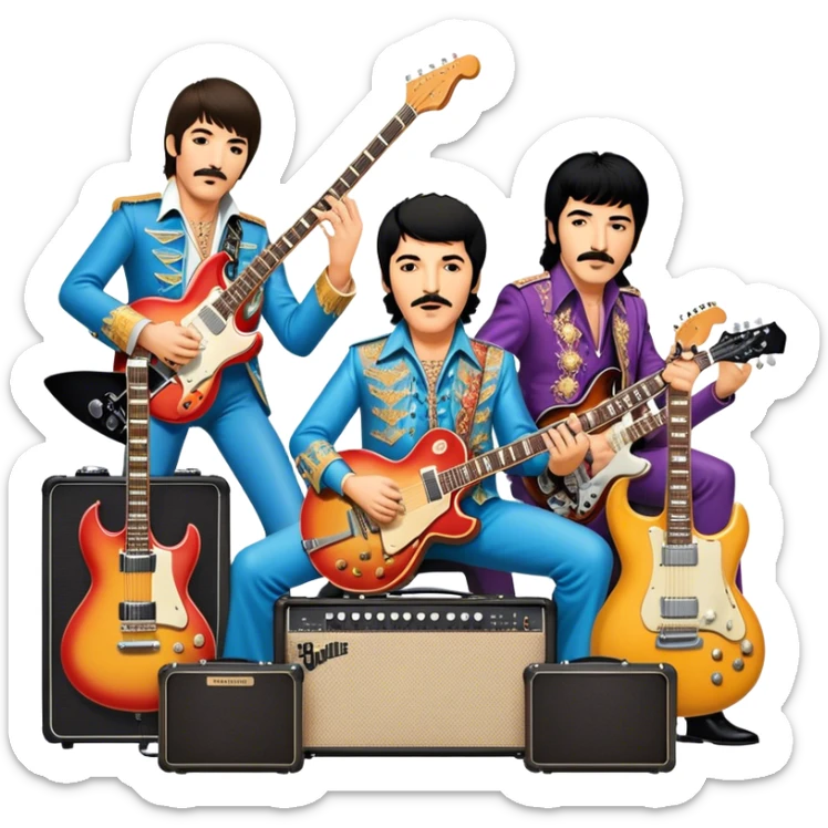 Rock music icon: dynamic collage of global rock legends like The Beatles, Jimi Hendrix, Elvis Presley, Freddy Mercury and Curt Cobane, surrounded by guitars, amplifiers, and stage lights. Symbolizing the energy and power of rock music. Transparent background. sticker