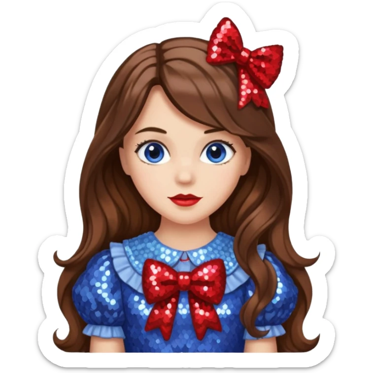 Dorothy Gale from the Wizard of Oz with long brown hair, periwinkle sequin outfit, red sequin bow sticker