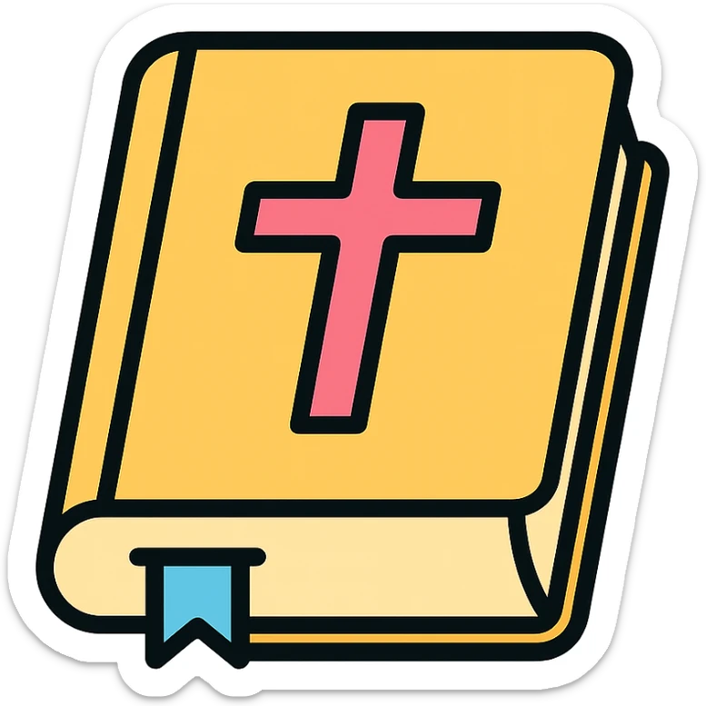 closed Bible with a pink cross on the cover, color outline icon style, viewed from a slight angle sticker