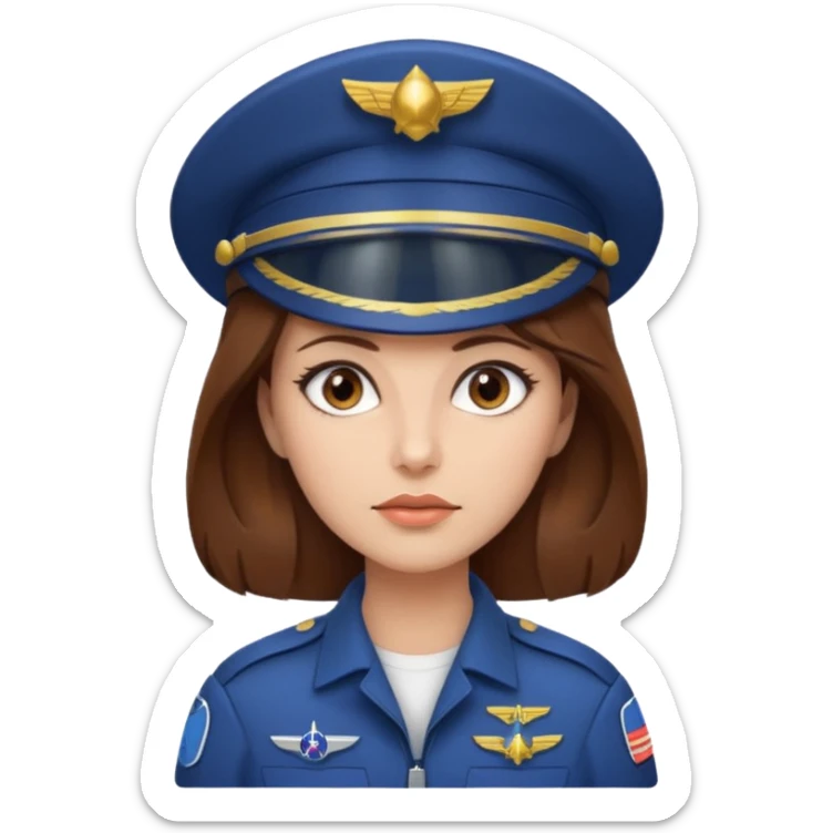 woman with brown hair and brown eyes.  space ship captain with white military hat sticker