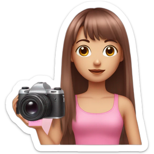 cute girl with dark brown eyes and long, straight rose hair with fringe and holding camera and wearing pink tank top sticker