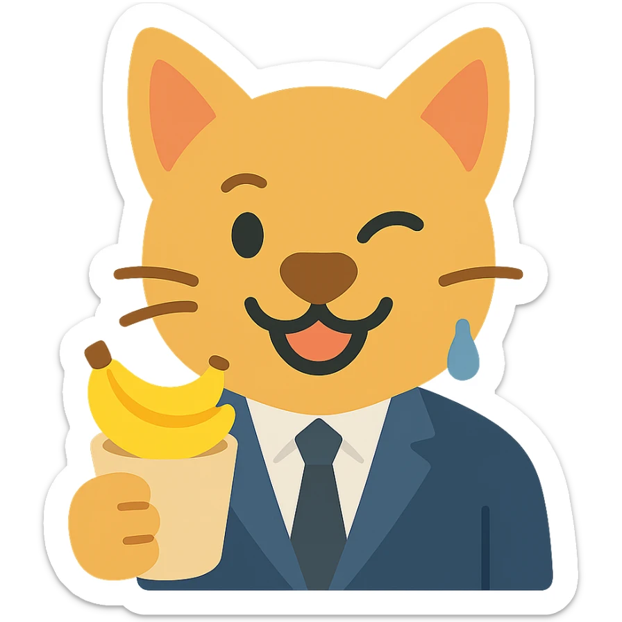 cat with a dog nose, wearing a suit, earring, holding a cup of bananas, playful expression sticker