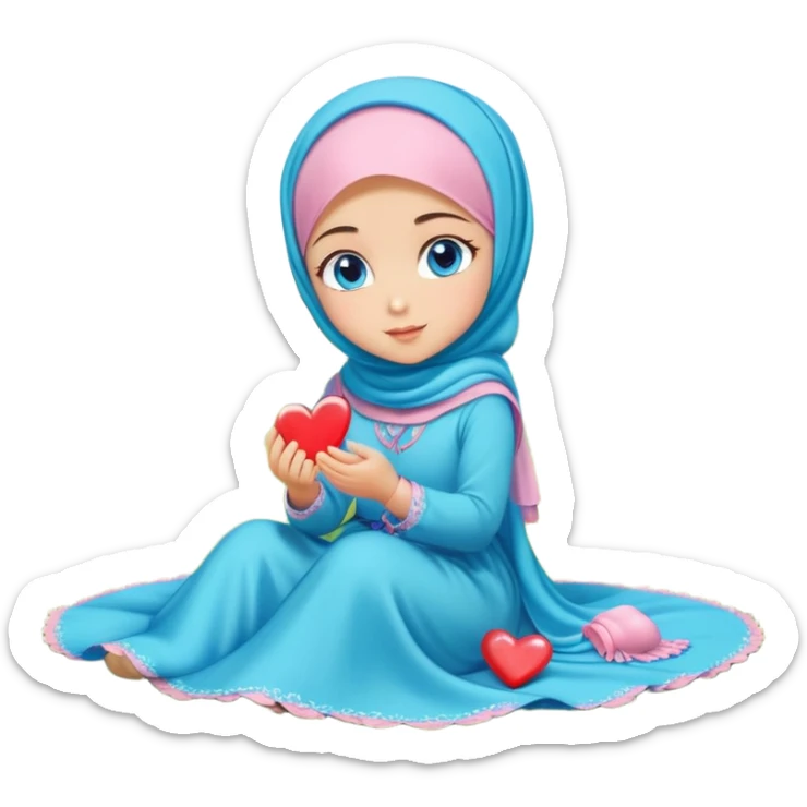 Turkish beautiful finish Konya girl blue eyes with candy hijab long tail dress and sits on the grass on the ground and sends hearts with her hand  sticker