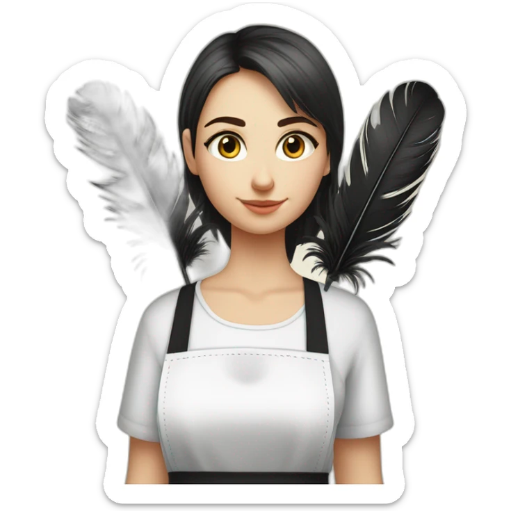 Slavic girl in a white T-shirt and a black apron holds ostrich feathers for dusting sticker