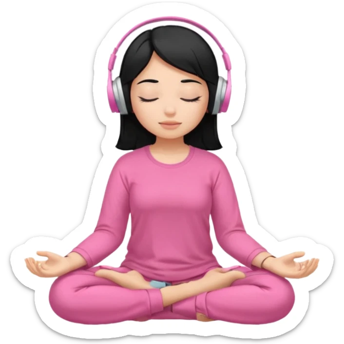 Chica de pelo negros con los ojos cerrados escuchando musica en audifonos y con camisa rosa mientras medita sticker
