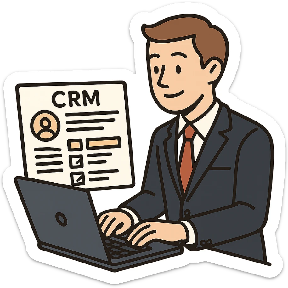 flat toon style business professional with brown hair, typing on laptop with CRM interface visible sticker