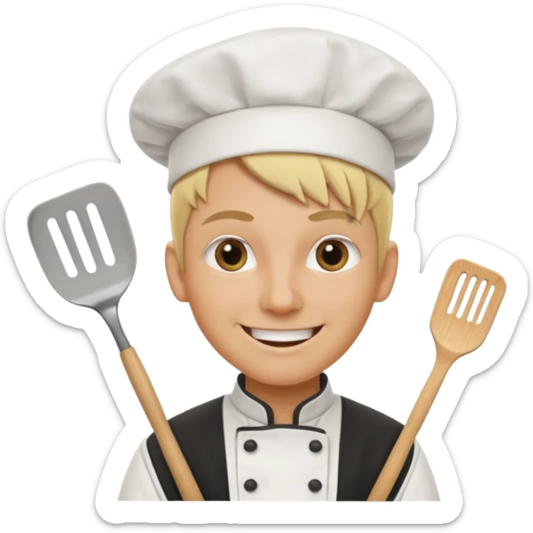 Chef smiling with spatula and spiked blonde hair and crazy eyes at the back door sticker