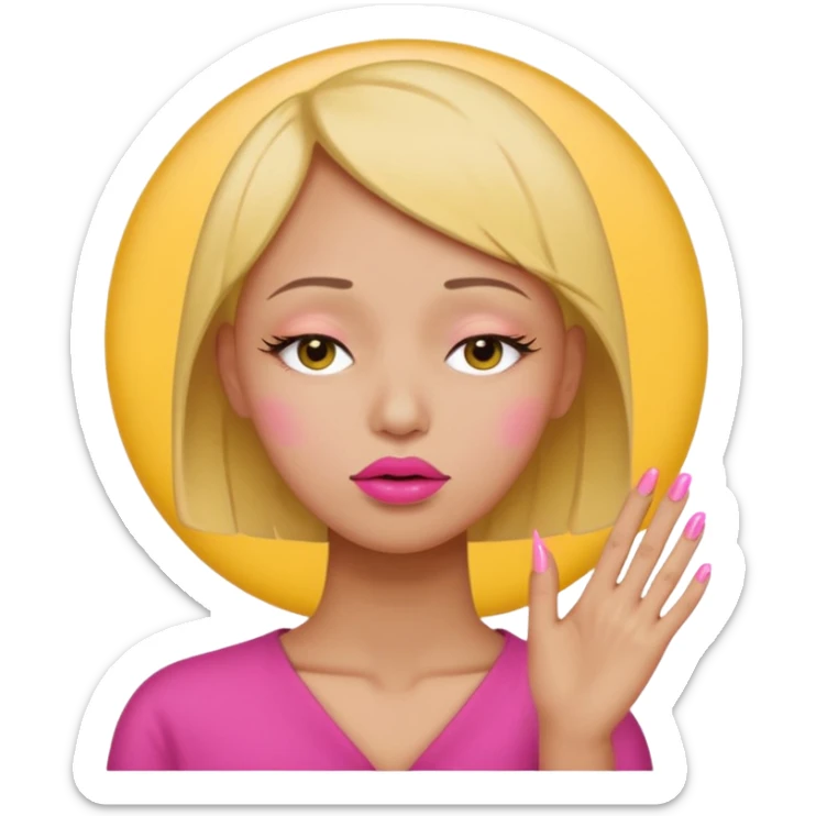 Yellow circle emoji exasperated and drumming fingers up the side of their head the eye is closed it is a side profile pink lipstick and pink nails ot is a side profile no hair sticker