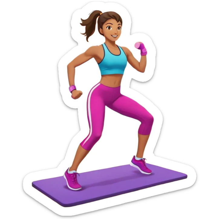 An energetic person performing an aerobics workout in a brightly lit gym, jumping and stretching with enthusiasm. The scene includes vibrant fitness equipment like dumbbells and exercise mats, with a background of cheerful, motivating colors, conveying energy and movement. sticker