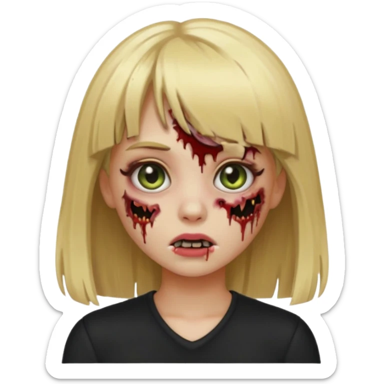 create a emoji zumbi girl with blonde hair and bangs, black clothes anf hazel eyes sticker