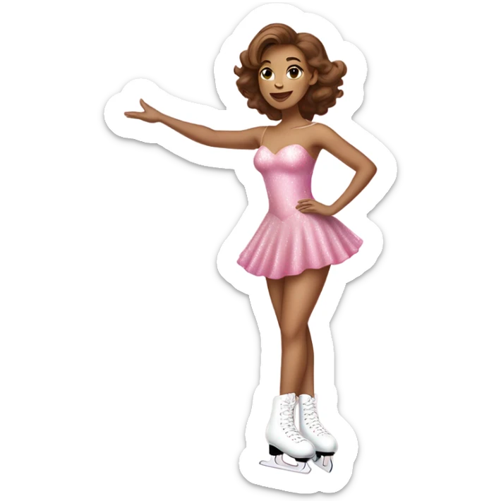 Light Skin tall woman with brown hair ice skating with pink ice skates in a pink sparkly dress posing  sticker