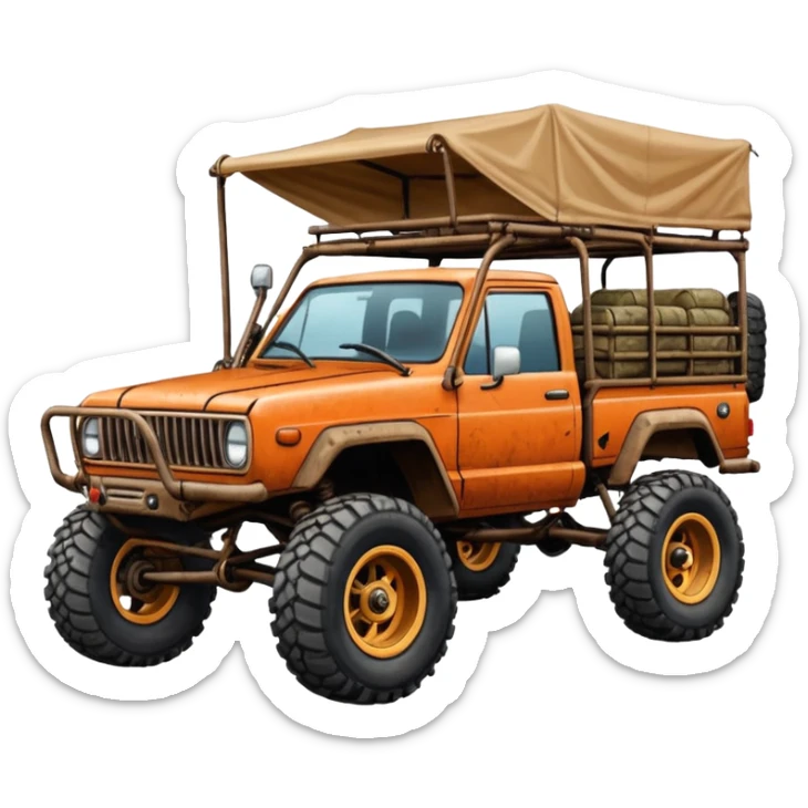Well-equipped Off road Race truck whose frame and detailed suspension is made of shopping cart material with padded roll cage, roof rack, winch, and antique style handmade bodywork (survivalist style) sticker