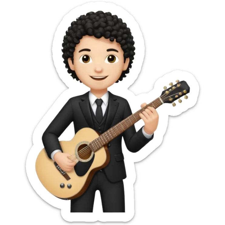 A white boy with black fade curly hair Smiling and holdijg a guitar in a black suit  sticker