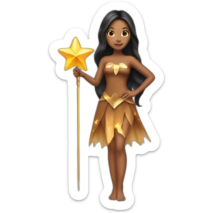 brown woman fairy holding a star wand long black straight hair full length sticker