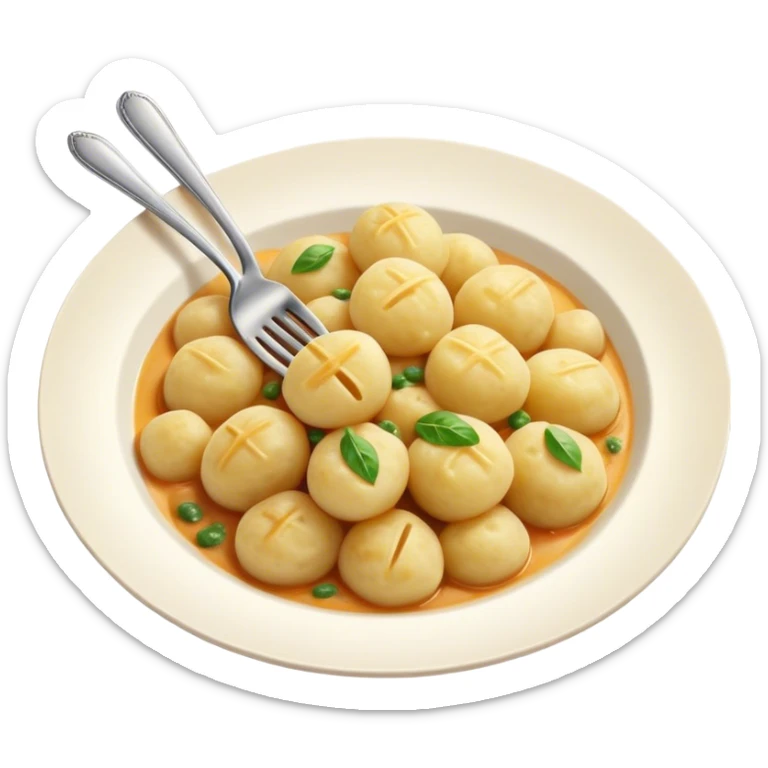 Gnocchi Cinematic Realistic Gnocchi Dish Emoji, depicted as tender potato dumplings garnished with iconic fork marks on top, rendered with soft textures and warm, inviting lighting. sticker
