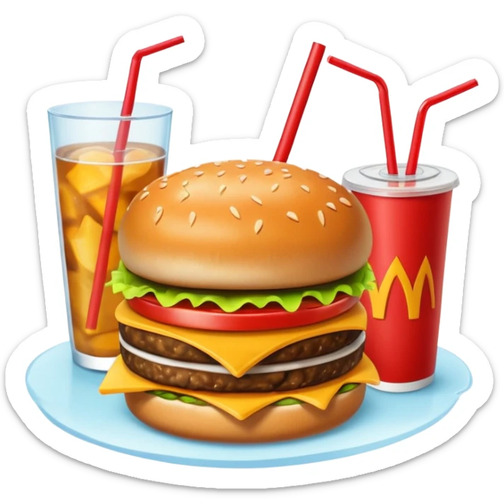 i want a Cheeseburger and Fries with a angle to 15–20° gentle bird’s-eye angle with a cold drink with ice cube with straw with some fries thicker like McDonald's french fries sticker