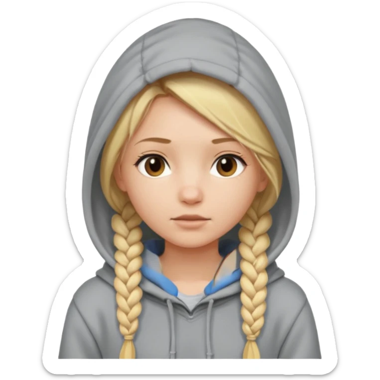 blonde braided girl with her head covered in a sweatshirt and hood sticker