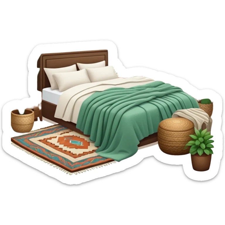 cozy modern boho bedroom with many houseplants, layered rugs, and piles of textured blankets and pillows sticker