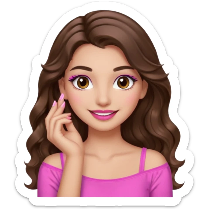 girl with long wavy brown hair, brown eyes, long lashes makeup, sexy pink lips, light to medium complexion, pink sexy top, smiling, hand by the cheek sticker