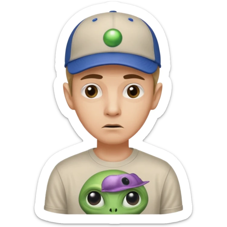 trust no one Mulder from the x-files looking very very worried wearing a t-shirt and a baseball cap with a picture of an alien sticker