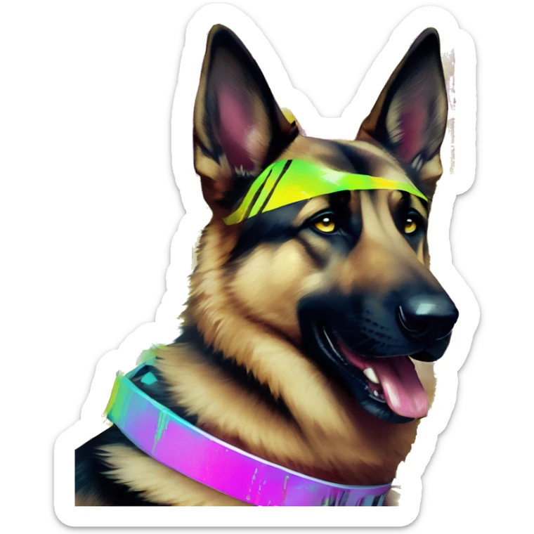 .Zombie_ Vaporwave black holographic oilslick zombie German shepherd dog yellow caution tape graffiti neon yellow stripes sticker