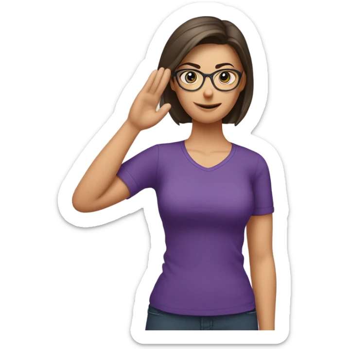 a caucasian brunette female, wearing a purple t-shirt and glasses, making the military salute gesture with one hand next to her head and the other one on her waist sticker