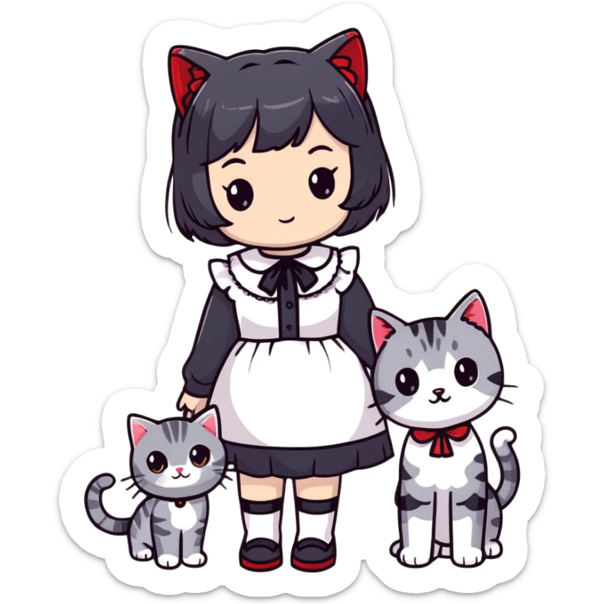 girl wearing black Lolita style dress, with medium-length black hair with red tips, and a gray American Shorthair tabby cat sticker