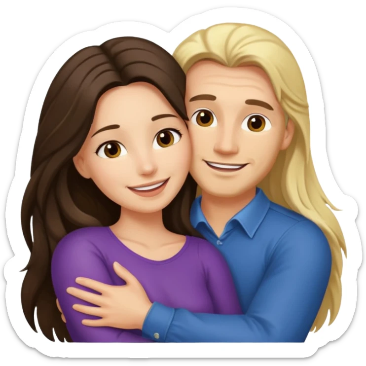 A happy boyfriend and girlfriend hug. She is brunette sexy with long hair. He is blonde sticker