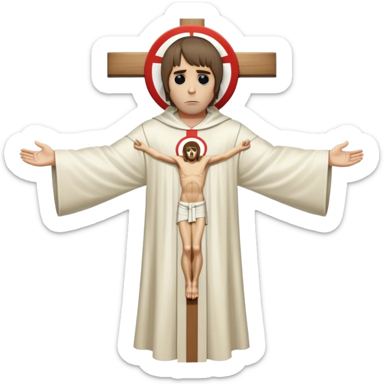 Crucified Liam Gallagher in the style of Jesus full body on cross with mod target on his robes sticker
