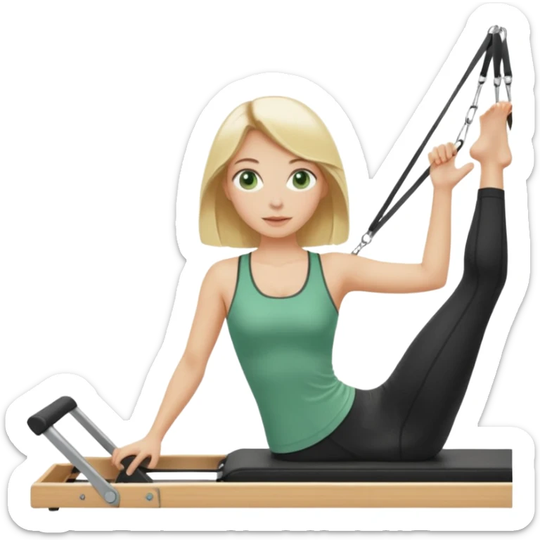 Blonde girl with green eyes and shoulder length blonde hair on a pilates reformer  sticker