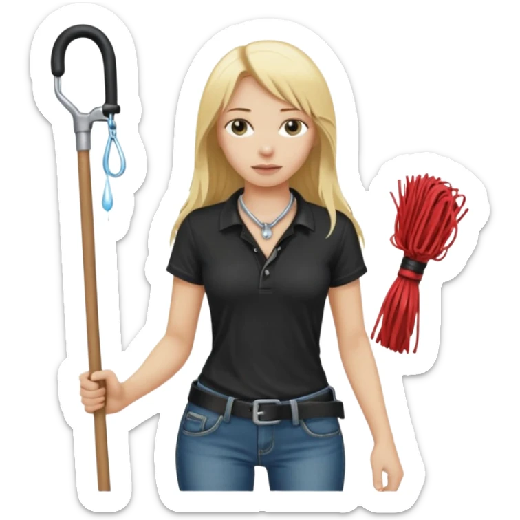 Bdsm male dominant wearing jeans black T-shirt and holding a flogger watching from outside blonde long hair sub with a collar showering with suds all over her sticker