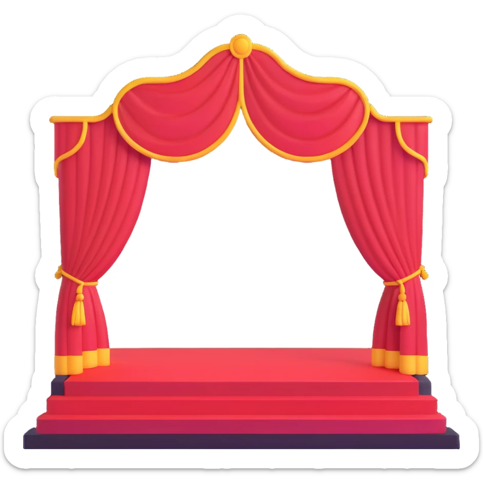 elegant theater stage with red velvet curtains open, wooden floor, and central spotlight sticker