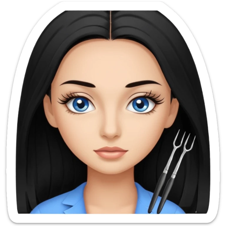 Girl lash-maker, long black hair, blue eyes, with two tweezers for eyelash extensions sticker